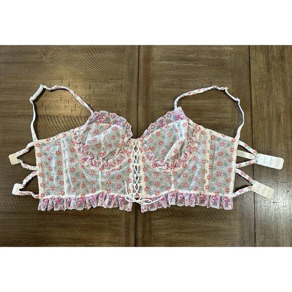 For Love & Lemons Blooms Bustier White Pink Floral Embroidered Lace Size 36D - Picture 14 of 16